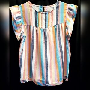 Multi colored vertical ladies top with pleated accent top and super short ruffle